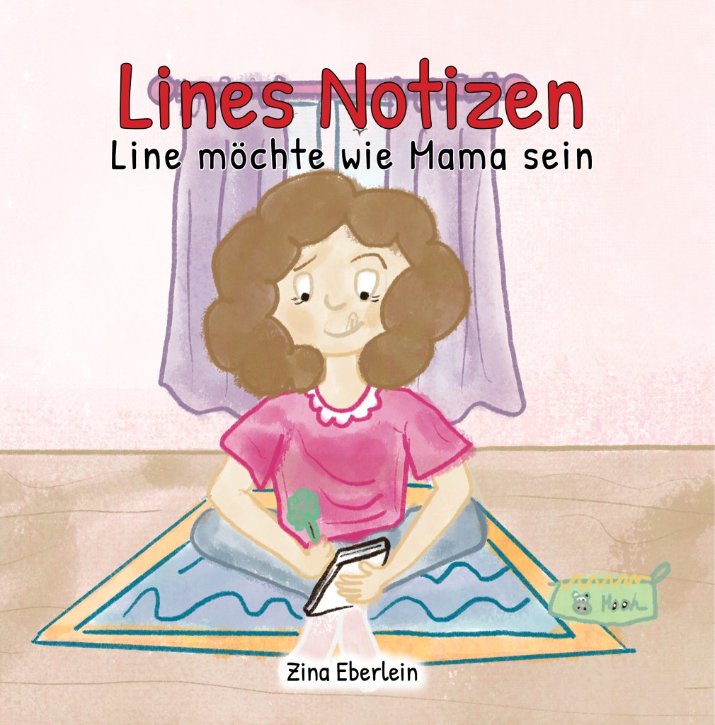 Line sitz auf einem Teppich und schreibt in ihr Notizbuch.