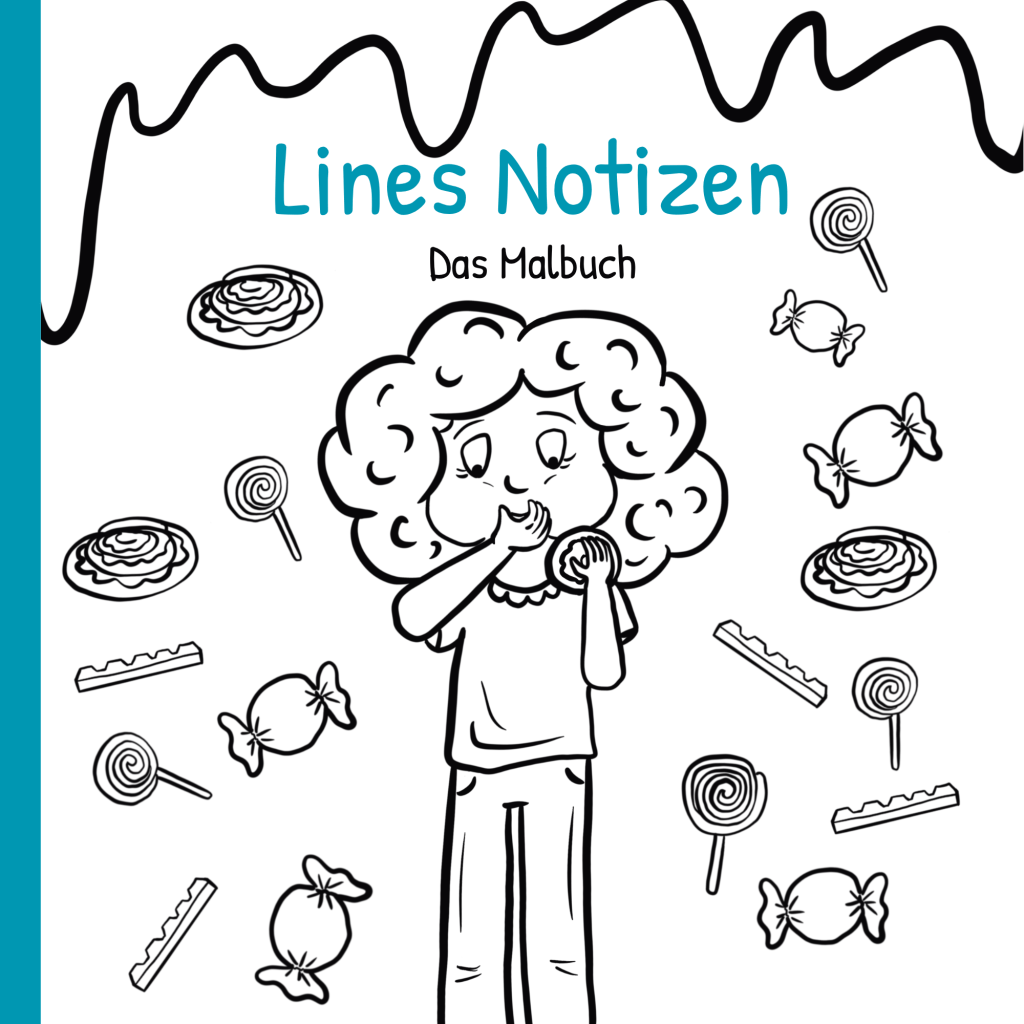 Line isst viele Süßigkeiten, um sie herum schweben weitere Leckereien, Schokolade, Bonbons usw.