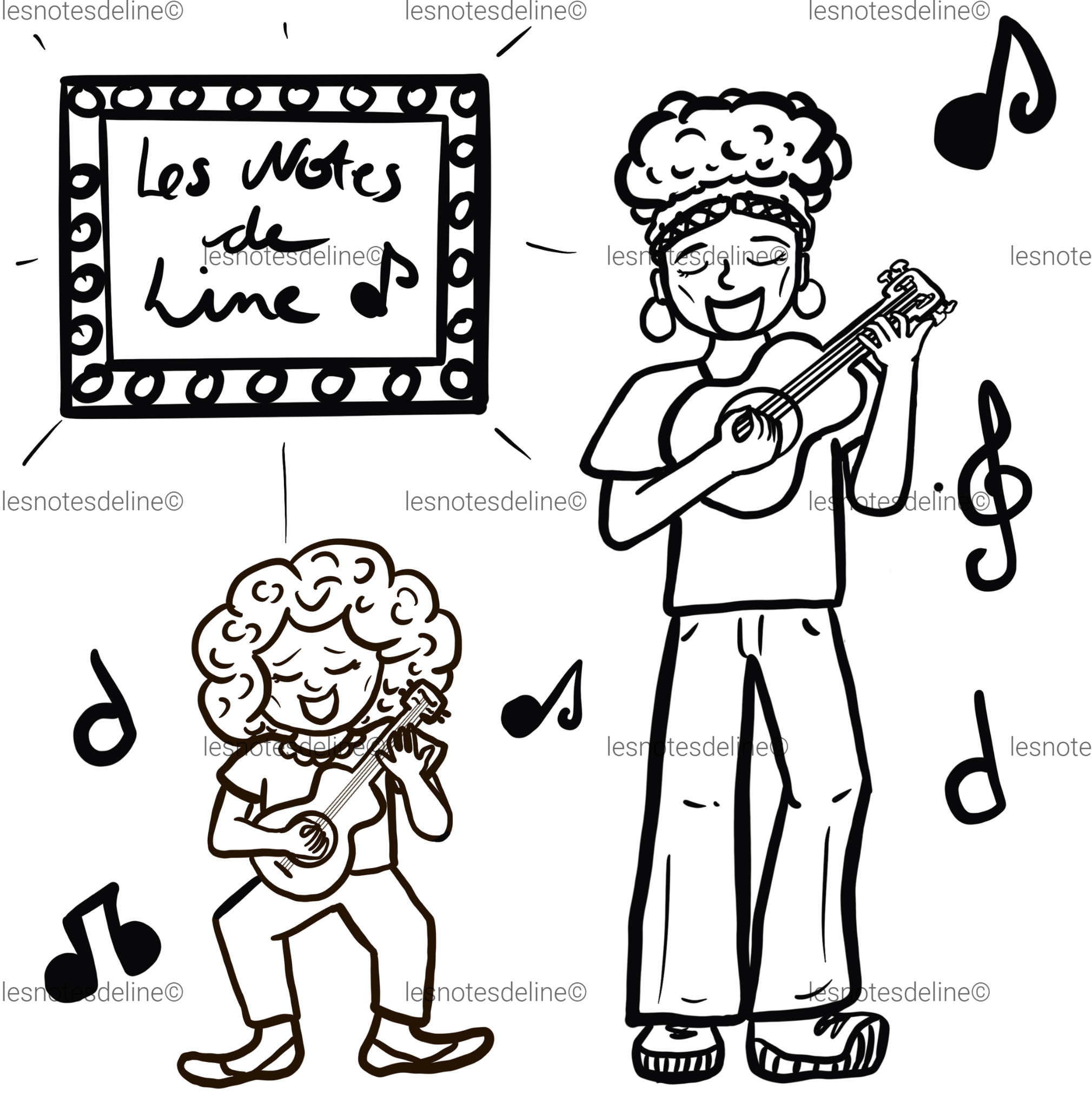 Bild zum Ausmalen: Line und ich spielen Ukulele und singen